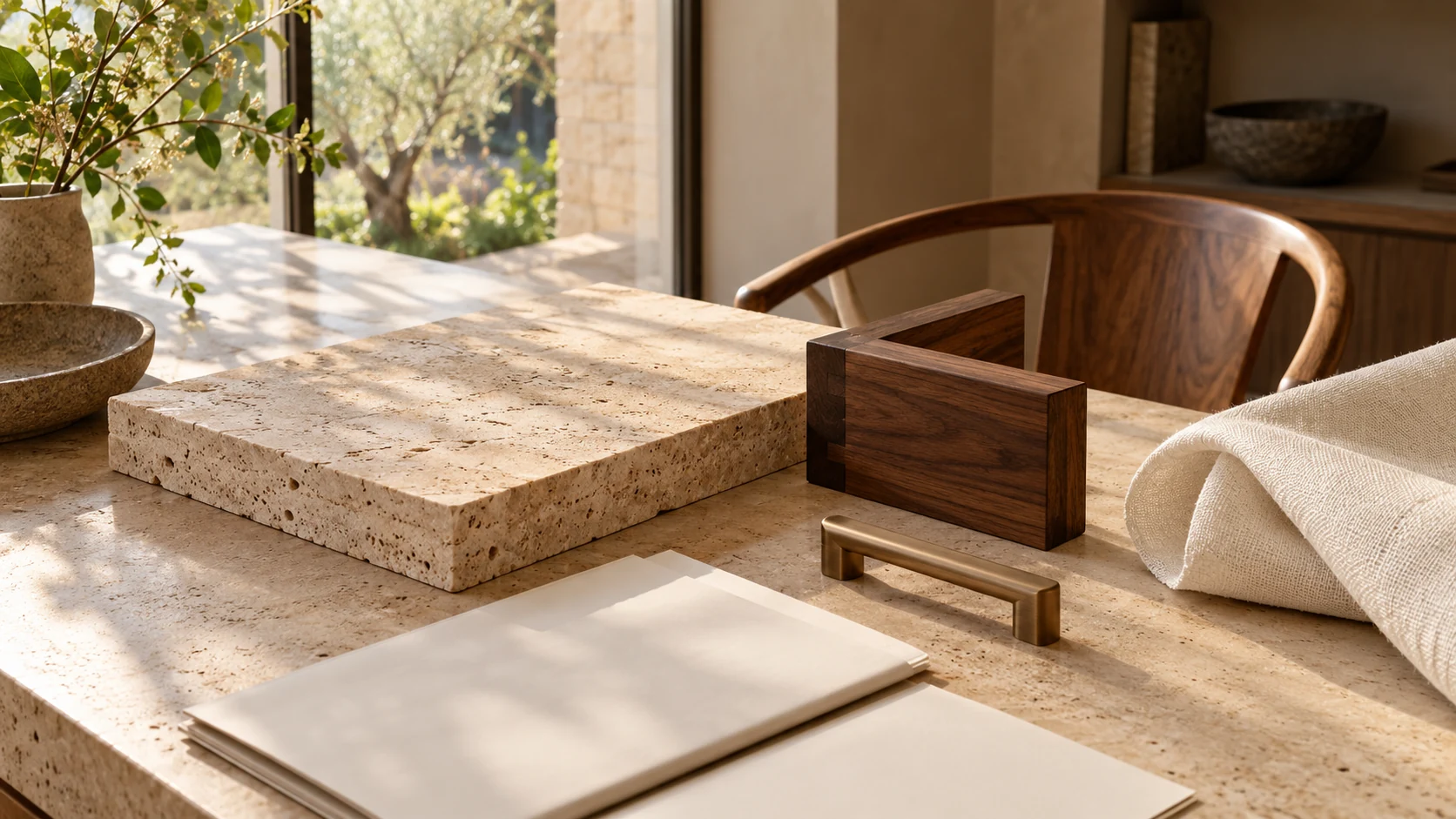 Renovation concept still life with limestone, walnut and fabric samples on a sunlit studio table.
