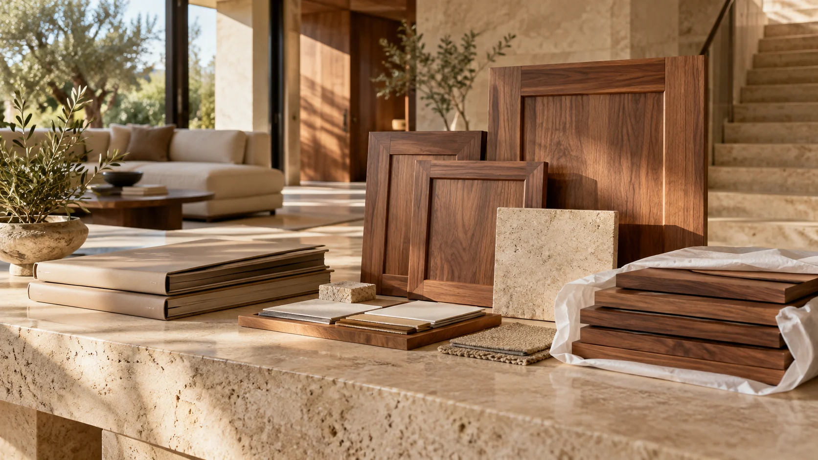 Walnut cabinet door samples, wrapped wood panels, stone samples and plain selection folders arranged on a limestone table in a sunlit residential interior. Design concept.